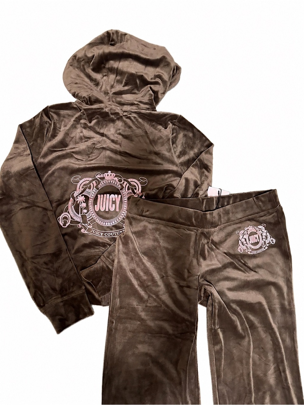 Juicy Couture Brown Velour Track Pants & Hoodie with Pink Logo